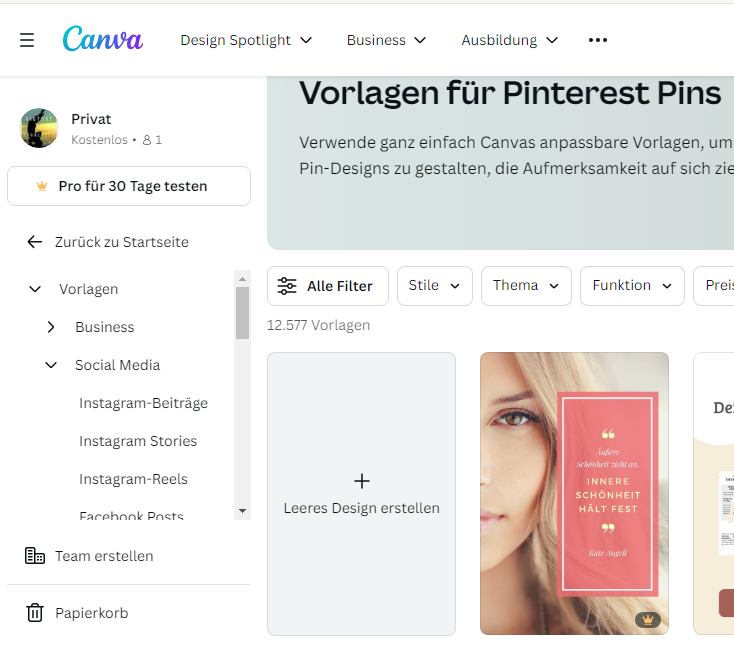 mit Pinterest Geld verdienen: In der Mitte ist ein graues Feld mit einem Plus-Zeichen. Darauf klicken um eine leeres Pinterest Design zu erzeugen