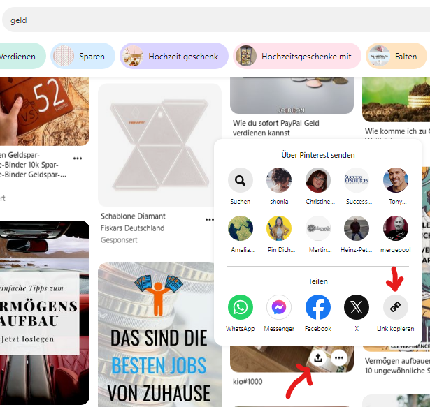 mit Pinterest Geld verdienen: es wird nun ein Kreis angezeigt unter dem Link kopieren steht