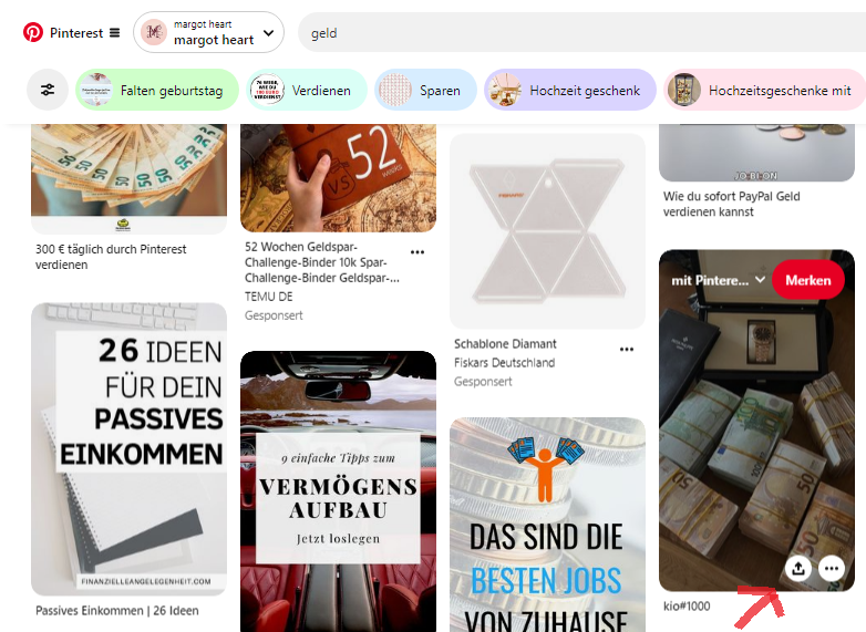 mit Pinterest Geld verdienen: Auf jedem Bild ist ein kleiner runder Kreis mit einem Pfeil.